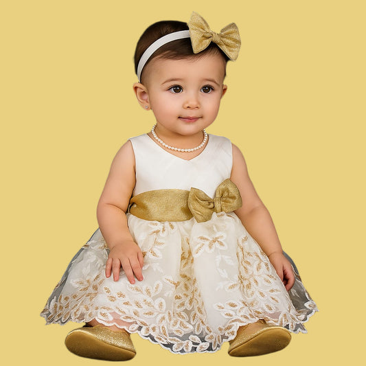Baby Fancy Frock White/Golden